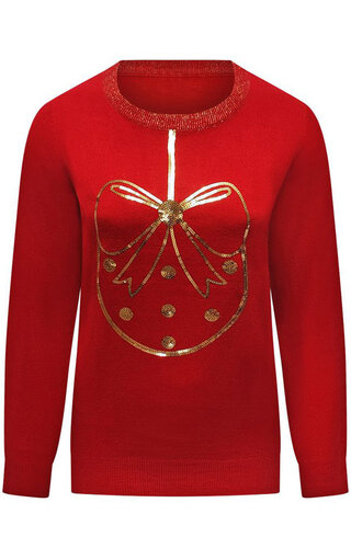 Kersttrui Glitter Kerstbal Strik Rood - Dames 