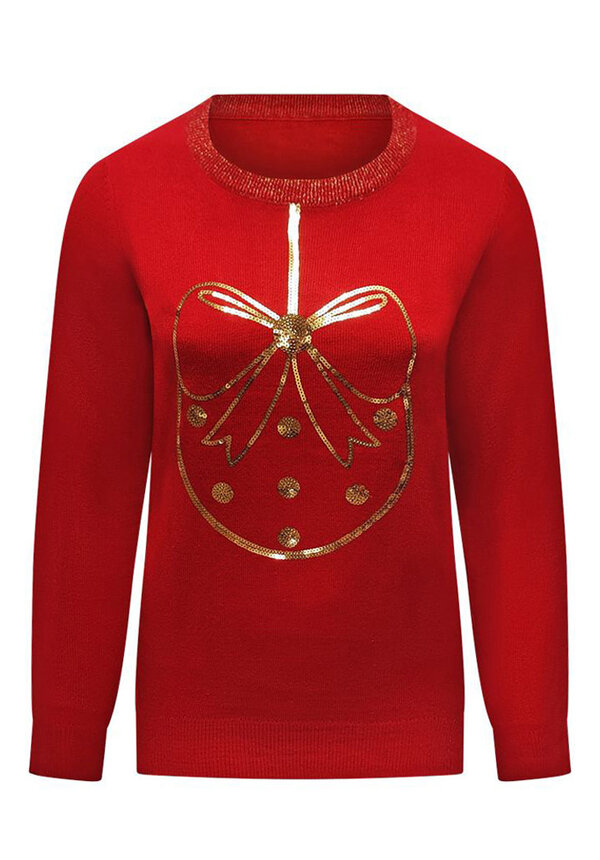 Kersttrui Glitter Kerstbal Strik Rood - Dames