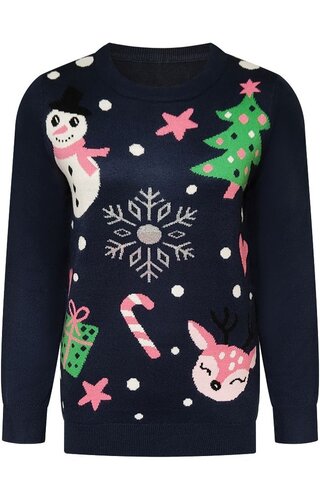 Kersttrui Sneeuwpop Kerstboom Donkerblauw - Dames 