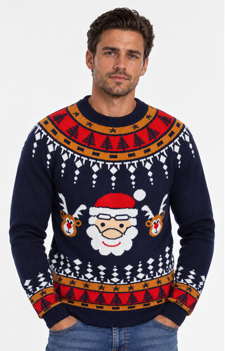 Kersttrui Kerstman Rendier Blauw - Heren 