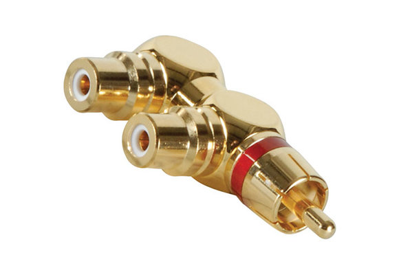 Gold RCA Y (1) Stecker auf (2) rechtwinklige Buchse Rot