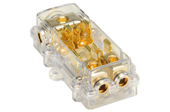 GFB1428 Gouden zekeringsblok 1x4 AWG in, 2x8 AWG uit