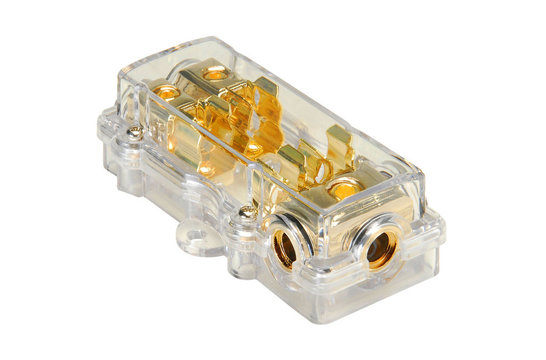 GFB1428 Gouden zekeringsblok 1x4 AWG in, 2x8 AWG uit