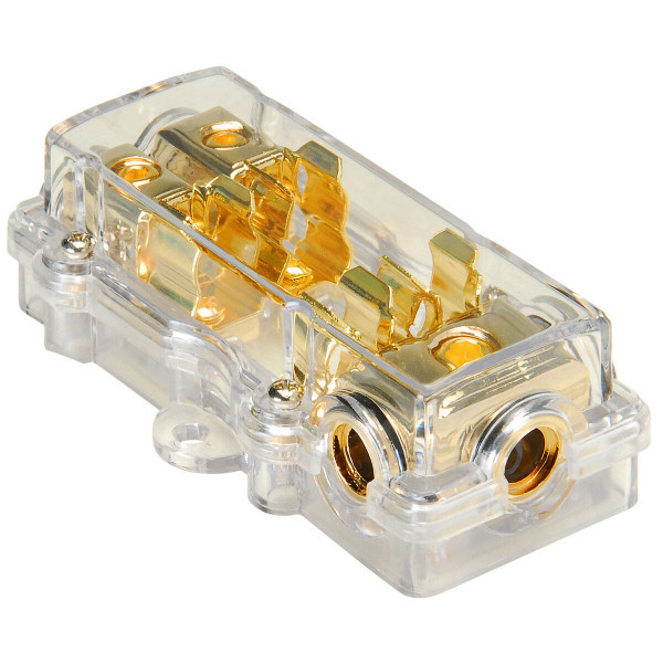 GFB1428 Gouden zekeringsblok 1x4 AWG in, 2x8 AWG uit