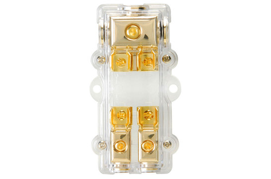 GFB1428 Gouden zekeringsblok 1x4 AWG in, 2x8 AWG uit