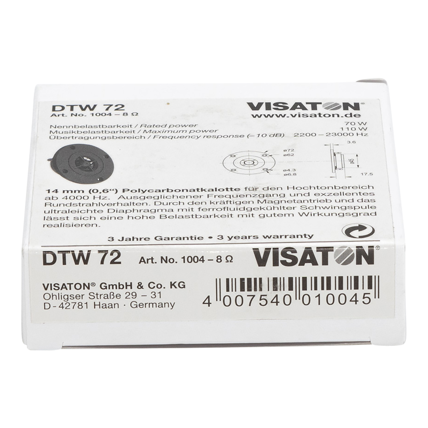 DTW 72 0.6" Polycarbonate Tweeter 8 Ohm