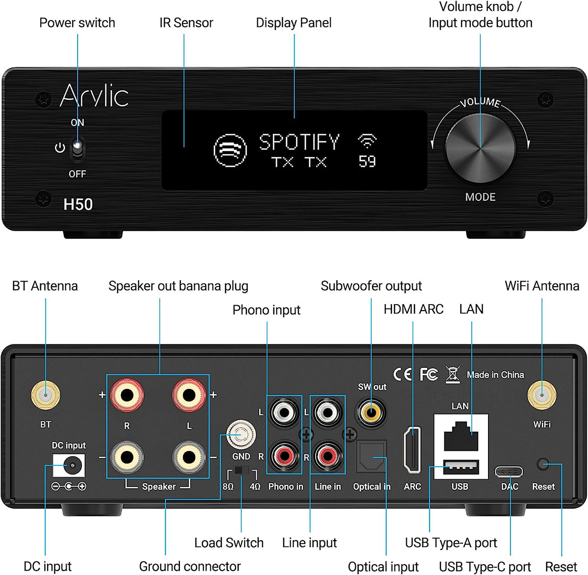 H50 Wireless Stereo HiFi Stereo Amplifier ES9023P Sabre DAC QCC3040 Bluetooth 5.2 aptX HD