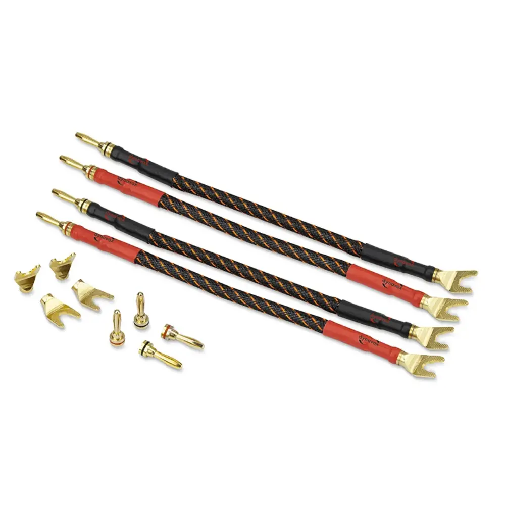 Dynavox Bi-Wire Cable Bridges 2 x Red/2 x Black, Pure Copper (99.99 OFC), Interchangeable Banana Plug/Fork Shoes, Set of 4 Dynavox Bi-Wire Cable Bridges 2 x Red/2 x Black, Pure Copper (99.99 OFC), Interchangeable Banana Plug/Fork Shoes, Set of 4