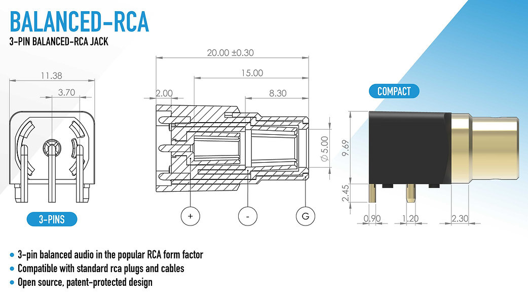 Customised 3Pin Balanced RCA Jack, Backwards-compatible with Standard RCA Cables and Plugs