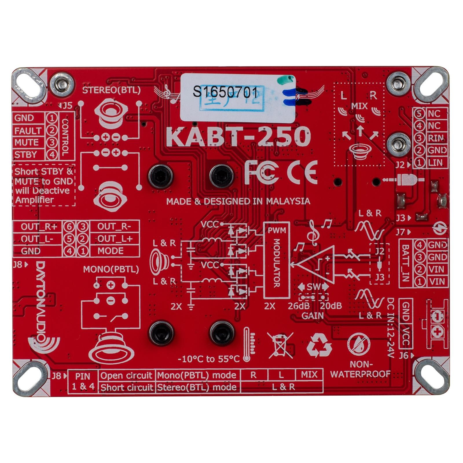 KABT-250 Audio Bridgeable Amplifier Board with Bluetooth 5.0, TWS, DSP