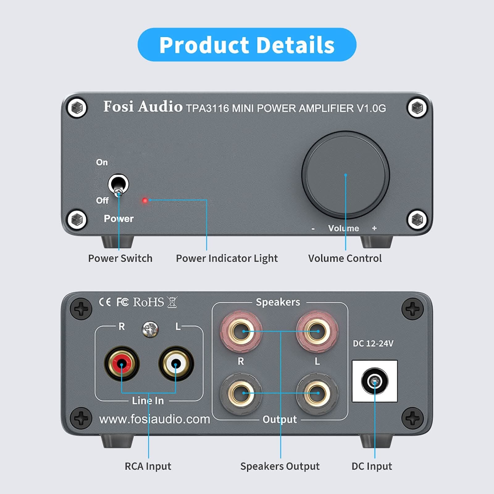 V1.0G Amplificatore Stereo TPA3116D2 Grey