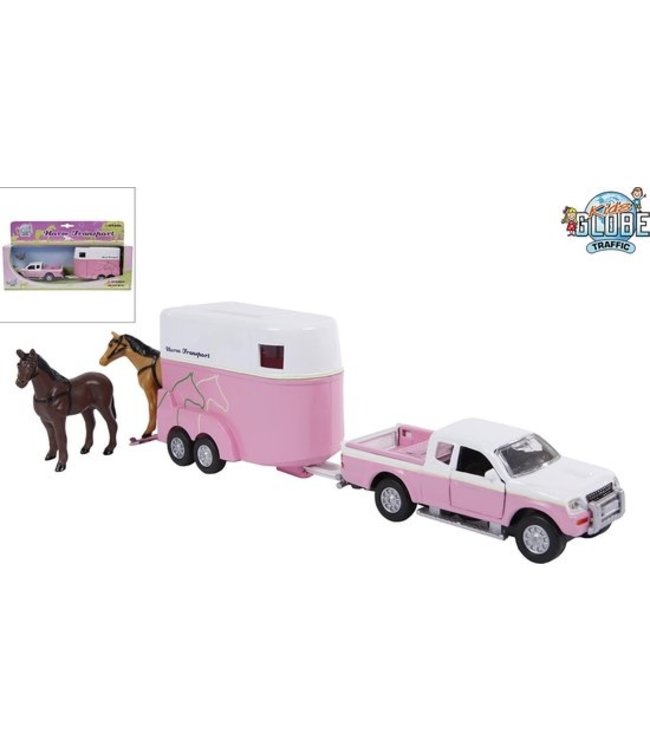 Auto Mitsubishi met paardentrailer die cast roze 27cm