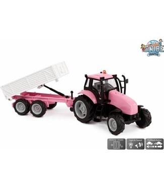 Tractor roze met aanhanger + licht/geluid: 25 cm