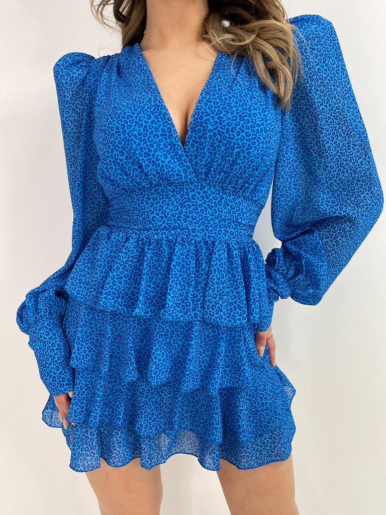 Deems "Mae" Ruched Leopard Dress - Blue