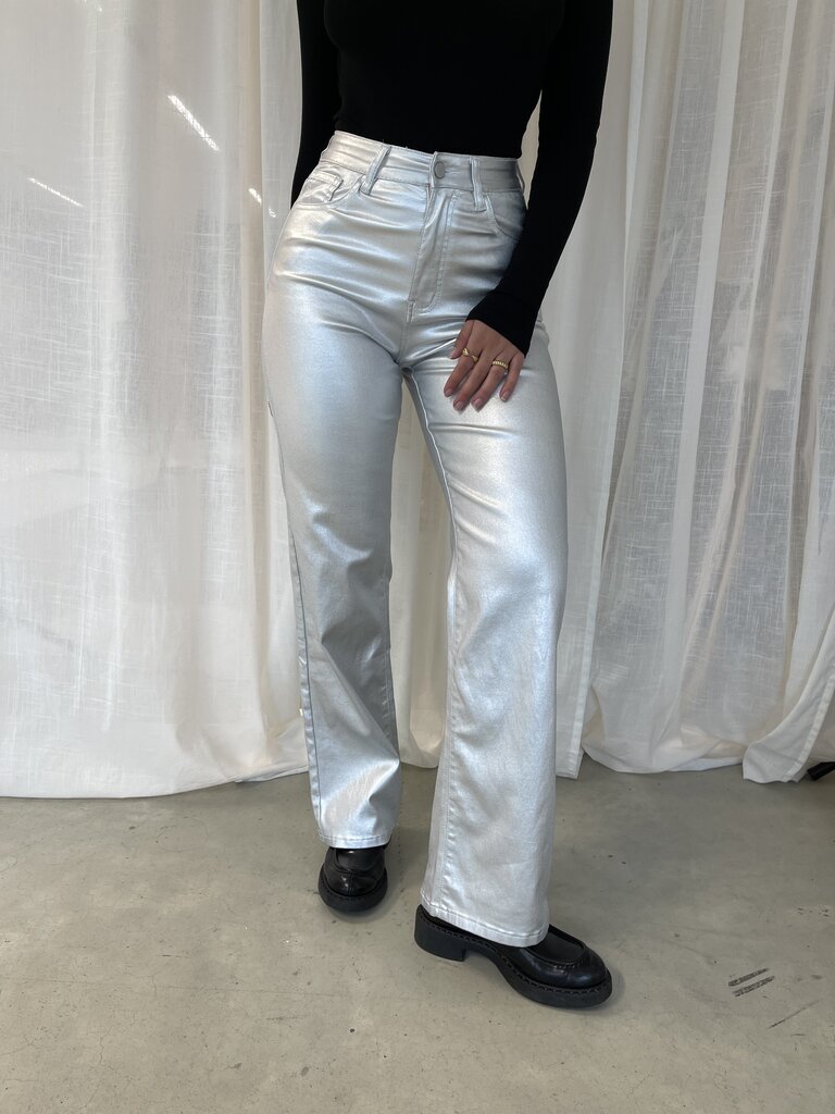 Deems "Jacky" Highwaist Leatherlook Wide Jeans - Silver
