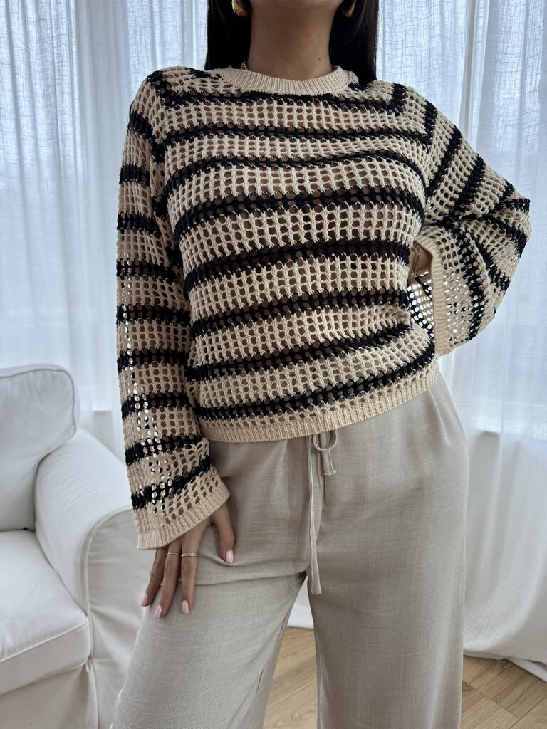 Deems "Raylee" Striped Crochet Top - Black