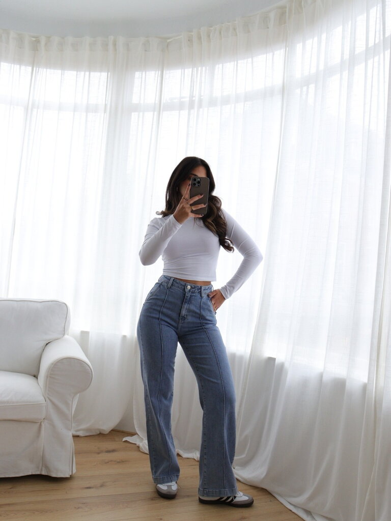 Deems "Lois" Highwaist Stripe Jeans Wide Leg - Mid Blue