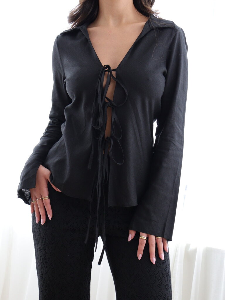 Deems "Summer" Linen Tie Front Blouse - Black