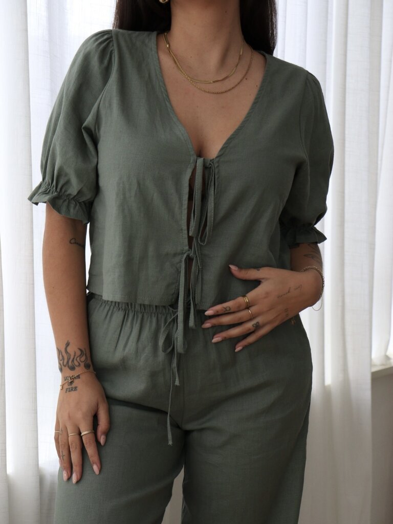 Deems "Kira" Linen Top - Khaki (onderdeel van set)