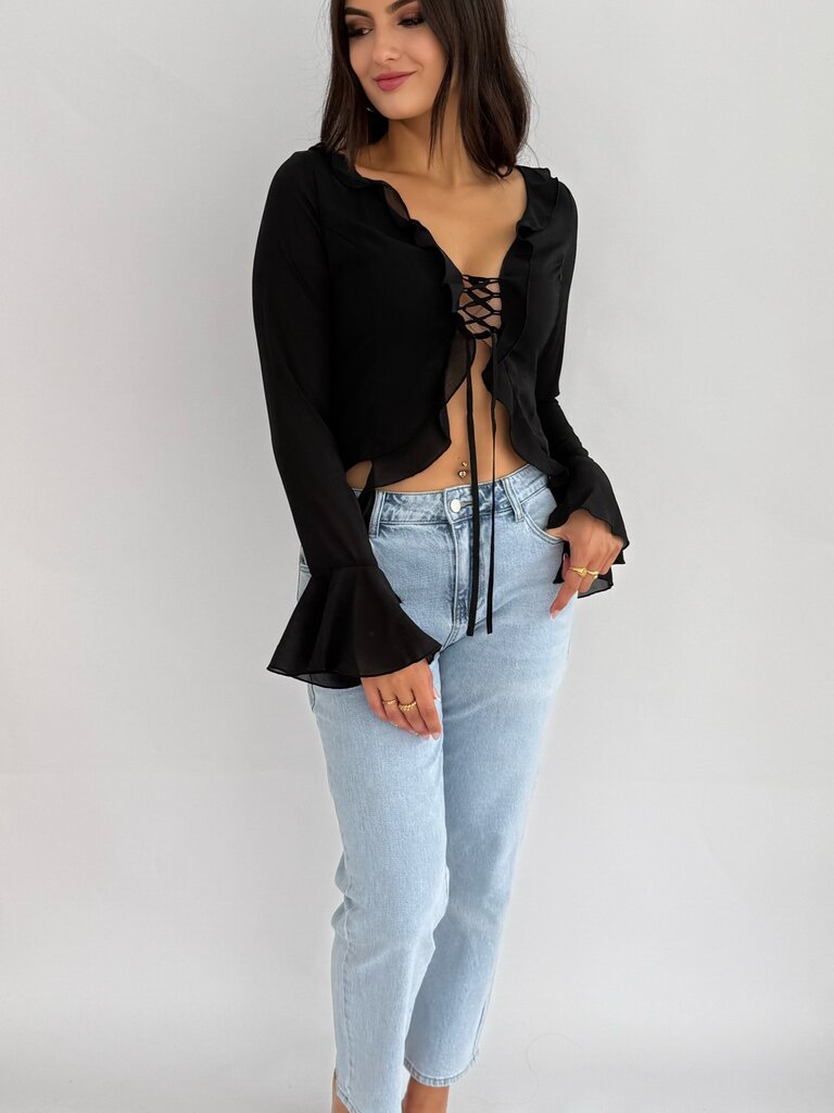 Deems  "Nora" long sleeve ruffel top - Black