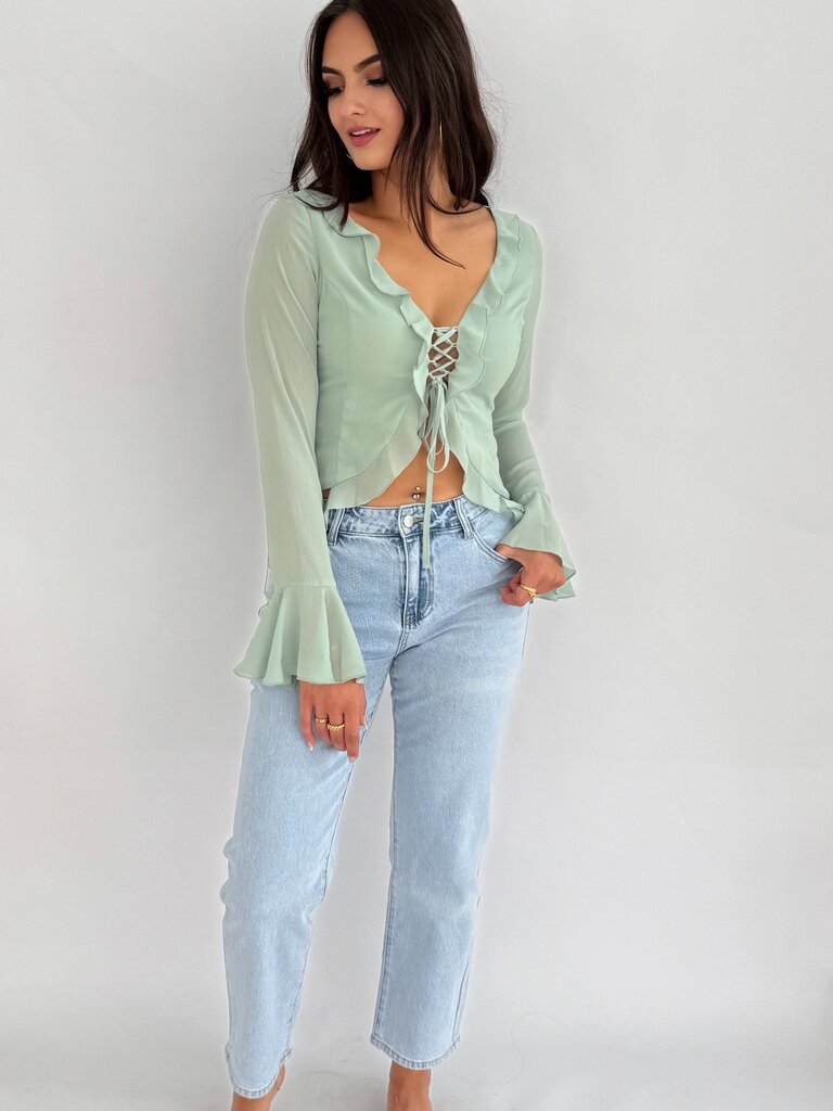 Deems  "Nora" long sleeve ruffel top - Green