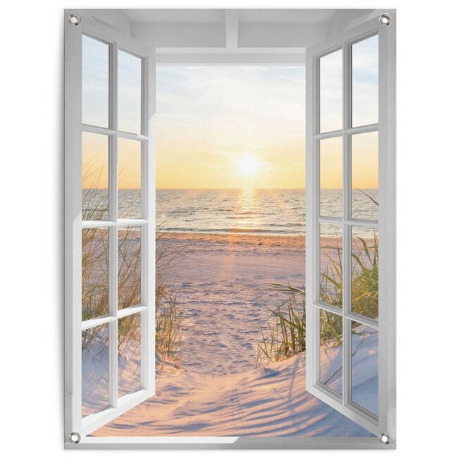 Tuinposter Zon en Strand door het Raam 80x60