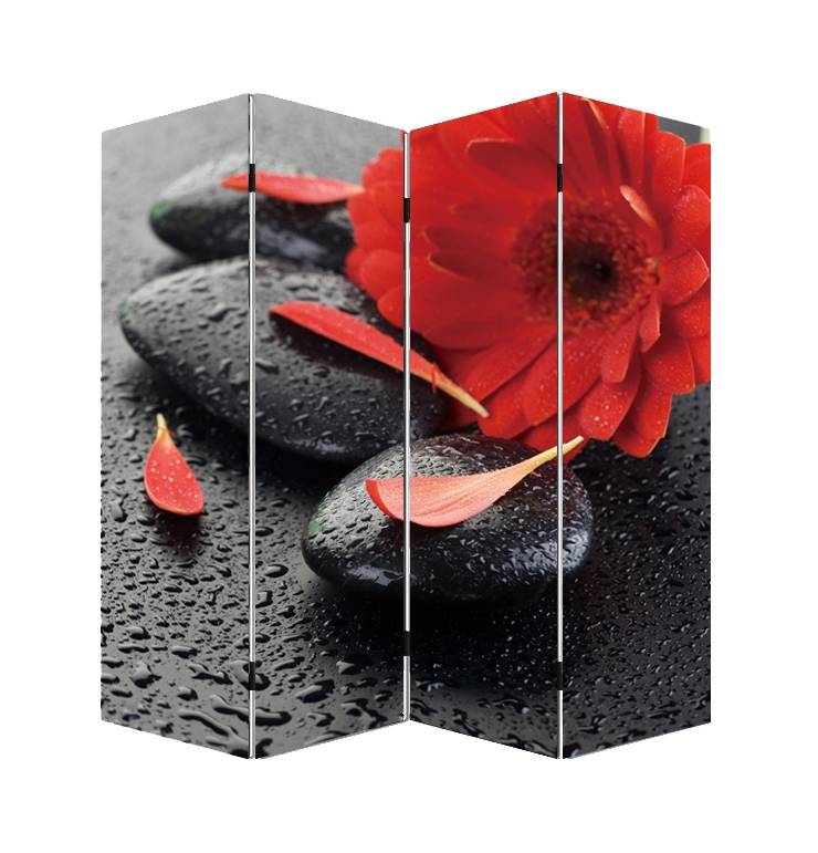 Canvas Kamerscherm Bloem, Kiezels en Waterdruppels