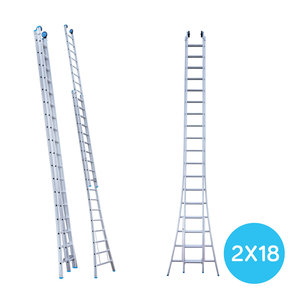 Eurostairs Opsteek Eurostairs Ladder dubbel uitgebogen 2 x 18 sporten + gevelrollen Opsteek Eurostairs Ladder dubbel uitgebogen 2 x 18 sporten + gevelrollen