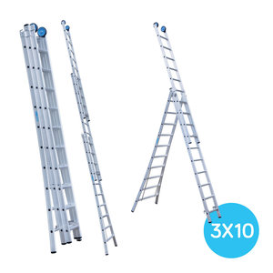 Eurostairs Eurostairs Reformladder driedelig uitgebogen 3 x 10 sporten + gevelrollen Eurostairs Reformladder driedelig uitgebogen 3 x 10 sporten + gevelrollen