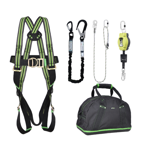 Complete set valbeveiliging Allround Antival harnas III Valstopblok 6m Werkpositielijn 2m Leeflijn in elastische band Kratos Complete set valbeveiliging Allround Antival harnas III Valstopblok 6m Werkpositielijn 2m Leeflijn in elastische band