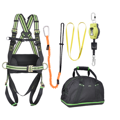 Complete set valbeveiliging Allround Antival- zekeringgordel Valstopblok 6m Ankerstrop Uitrekb. gereedschapslijn Kratos Complete set valbeveiliging Allround Antival- zekeringgordel Valstopblok 6m Ankerstrop Uitrekb. gereedschapslijn