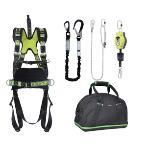 WEEKDEAL: Complete set valbeveiliging Allround Harnas werkpositie lijn Valstopblok 6m Werkpositielijn 2m Leeflijn in elastische band