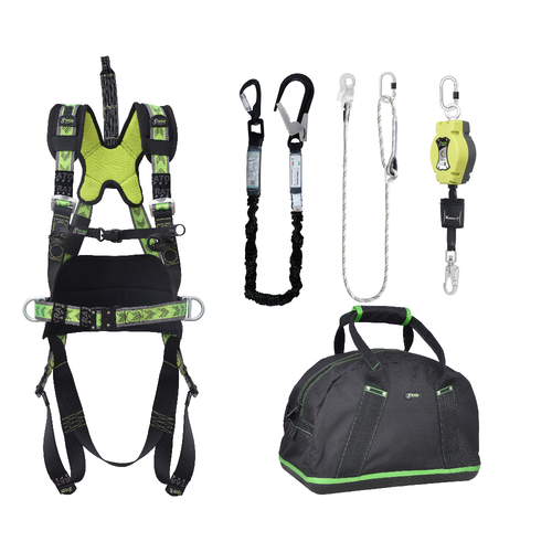 Kratos Complete set valbeveiliging Allround Harnas werkpositie lijn Valstopblok 6m Werkpositielijn 2m Leeflijn in elastische band