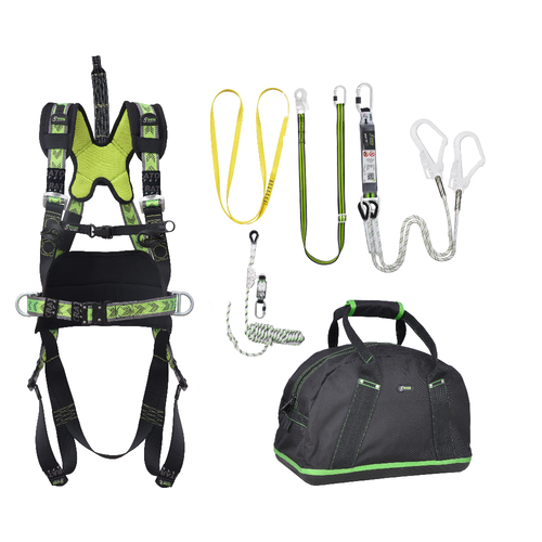 Kratos Complete set valbeveiliging Y-leeflijn 1.5m met veiligheidslijn 10m en werkpositielijn 2m Harnas werkpositie lijn