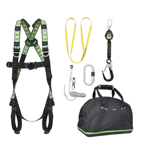 Kratos Complete set valbeveiliging Allround Antivalharnas II Valstopblok riem 2m Veiligheidslijn lijnklem 10 Ankerstrop Stalen karabijnhaak