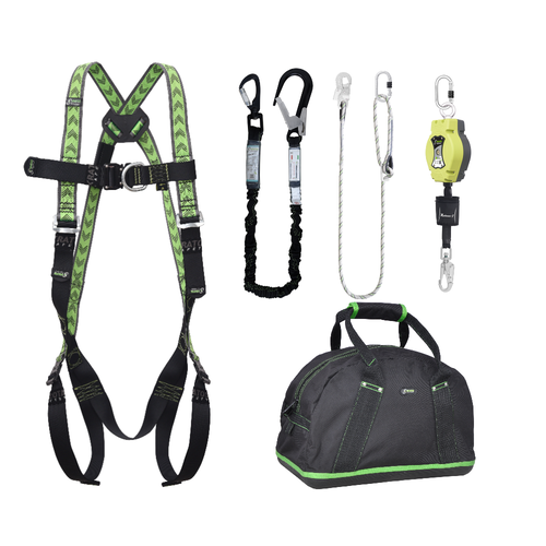 Kratos Complete set valbeveiliging Allround Antival harnas Valstopblok 6m Werkpositielijn 2m Leeflijn in elastische band