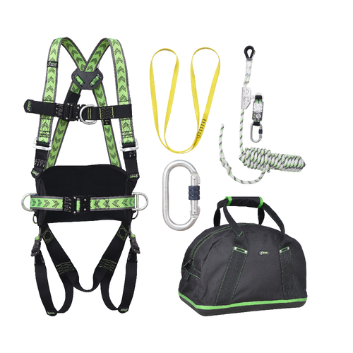 Complete set valbeveiliging Daken Harnas 2 aanhechtingpnt. Veiligheidslijn lijnklem 10 Ankerstrop Stalen karabijnhaak Kratos Complete set valbeveiliging Daken Harnas 2 aanhechtingpnt. Veiligheidslijn lijnklem 10 Ankerstrop Stalen karabijnhaak