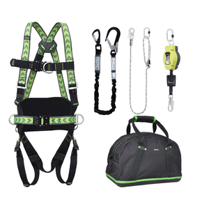 WEEKDEAL: Complete set valbeveiliging Allround Harnas 2 aanhechtingpnt. Valstopblok 6m Werkpositielijn 2m Leeflijn in elastische band