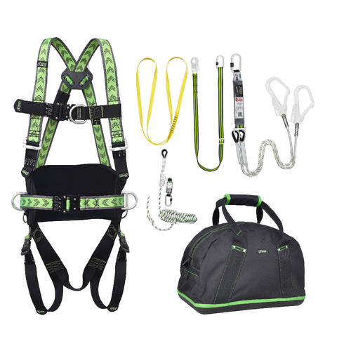 Kratos Complete set valbeveiliging Y-leeflijn 1.5m met veiligheidslijn 10m en werkpositielijn 2m Harnas 2 aanhechtingpnt.