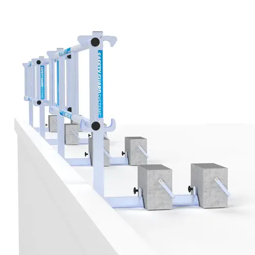 SGS Slim dakrandbeveiliging 27 mtr complete set plat dak Euroscaffold SGS Slim dakrandbeveiliging 27 mtr complete set plat dak