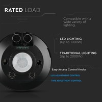 PIR motion sensor with twilight switch 360° range 6m Maximum 1000 Watt IP20 surface mounted color black