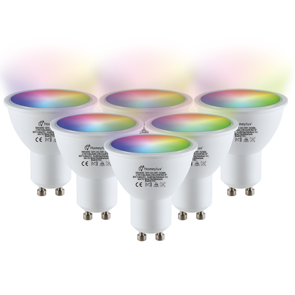 HOFTRONIC SMART Set van 6 GU10 38° SMART LED Lampen RGBWW Wifi 5.5 Watt 345lm Dimbaar