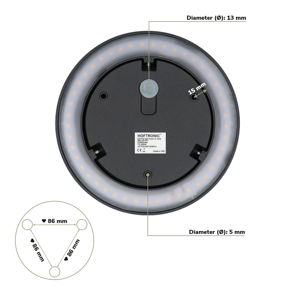 Casper XL LED Wandlamp Zwart - 3000K warm wit - 9 Watt - Rond - Muurlamp voor binnen en buiten voor binnen en buiten