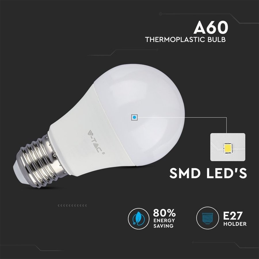 V-TAC Vorteilspackung 10 Stück E27 LED Lampe 8.5 Watt A60 3000K ersetzt 60  Watt