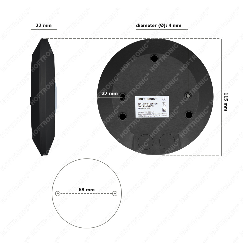 PIR bewegingssensor met schemerschakelaar 360° bereik 6 meter Maximaal 1000 Watt IP20 opbouw kleur zwart