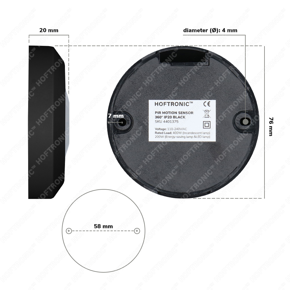 PIR bewegingssensor met schemerschakelaar 360° bereik 8 meter Maximaal 200 Watt IP20 opbouw kleur zwart