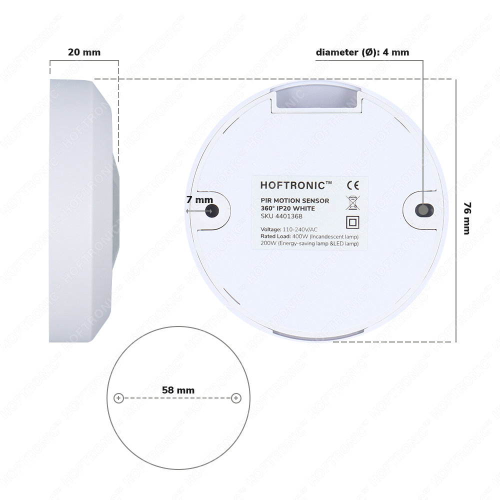 PIR bewegingssensor met schemerschakelaar 360° bereik 8 meter Maximaal 200 Watt IP20 opbouw kleur wit