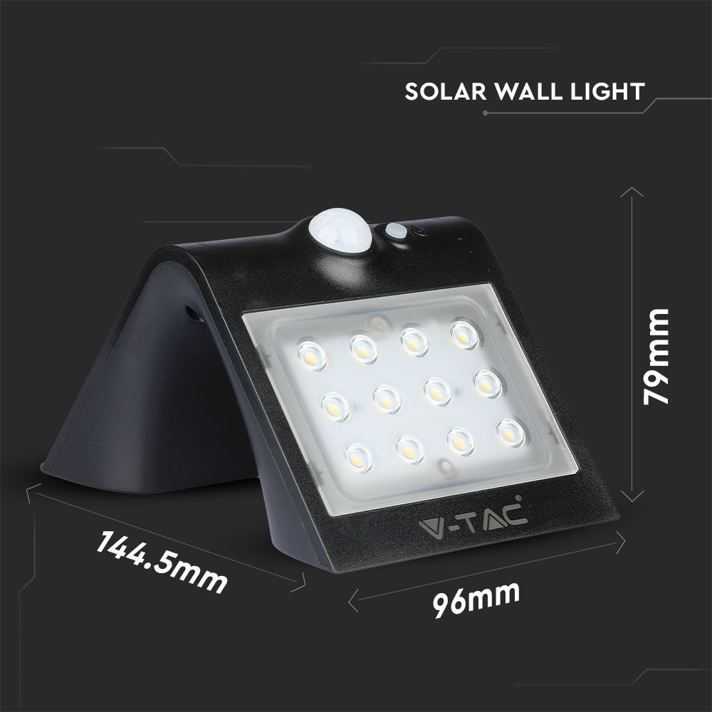 LED Solar Wandlamp - 1.5 Watt - 4000K Neutraal wit - IP65 - Zwart - Met bewegingssensor