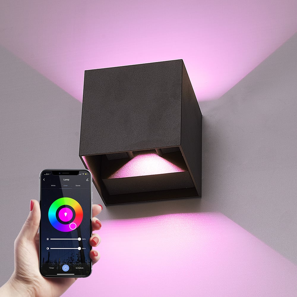 HOFTRONIC SMART Smart WiFi Bluetooth LED Wandlamp Kansas Dimbare kubus 6 Watt RGBWW Up Down light IP65 Zwart Binnen en buiten