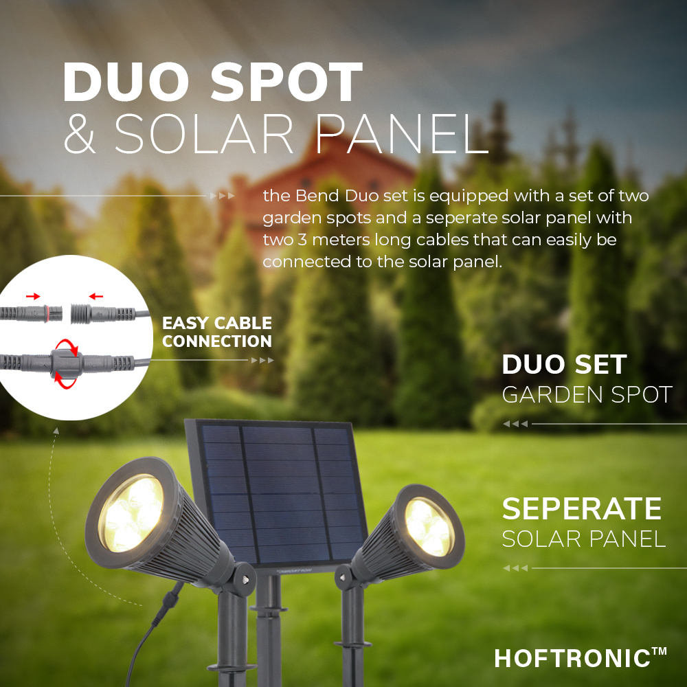4x Solar LED tuinspot Bend Duo met los zonnepaneel 3000K warm wit Prikspot - Tuin spots, spots bodem buiten